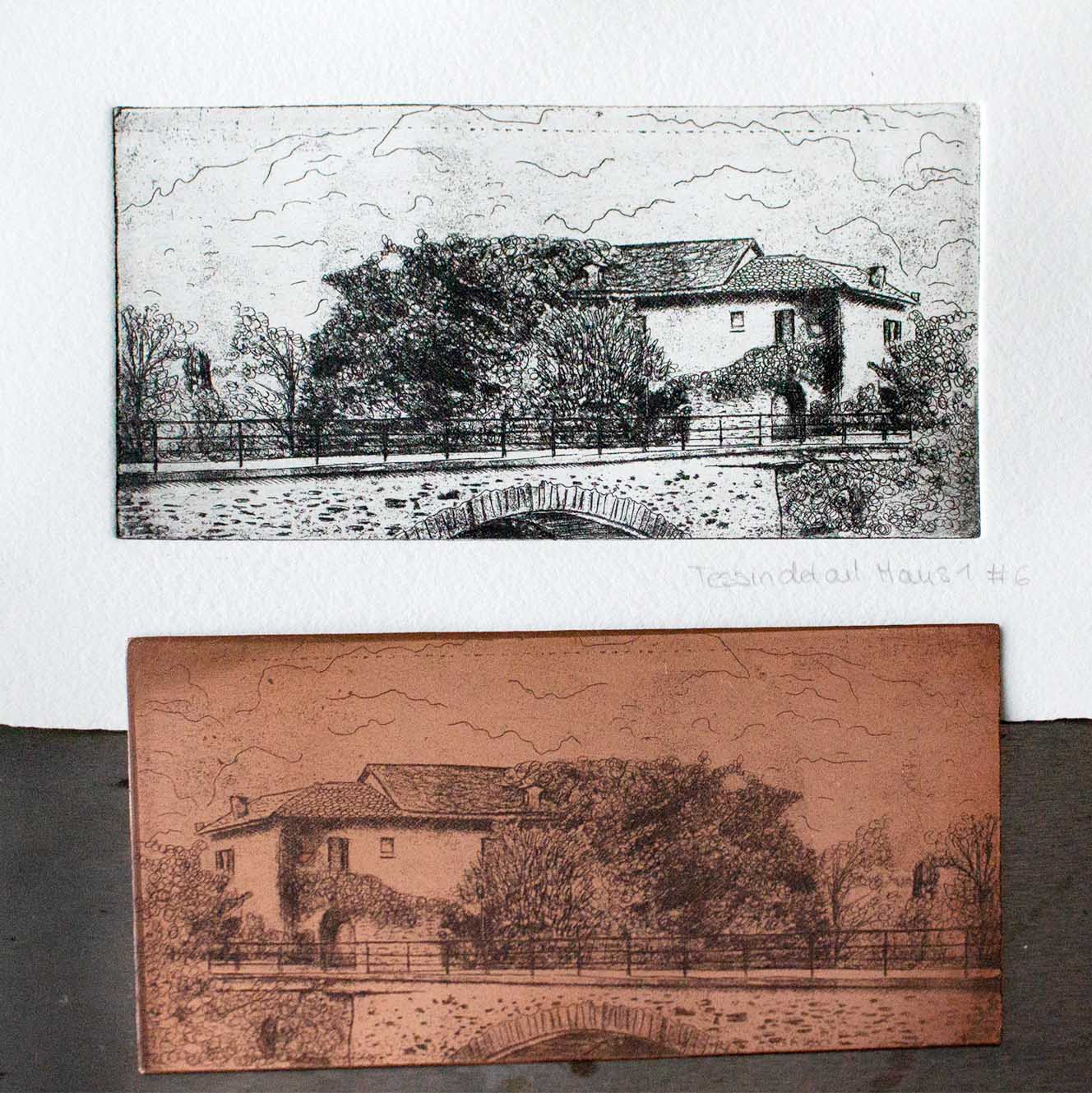 Gravure Printing – Copperplate and print with a motive of a house 