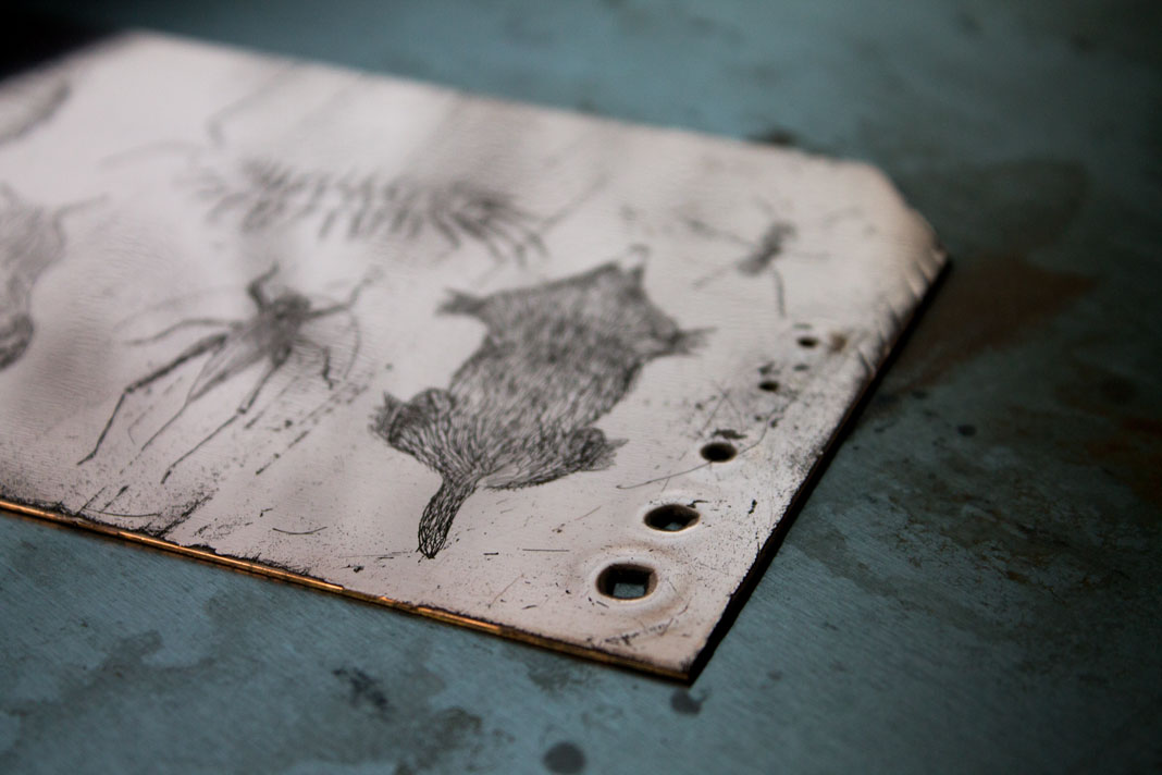 close up of a copper plate with a mole etched in it