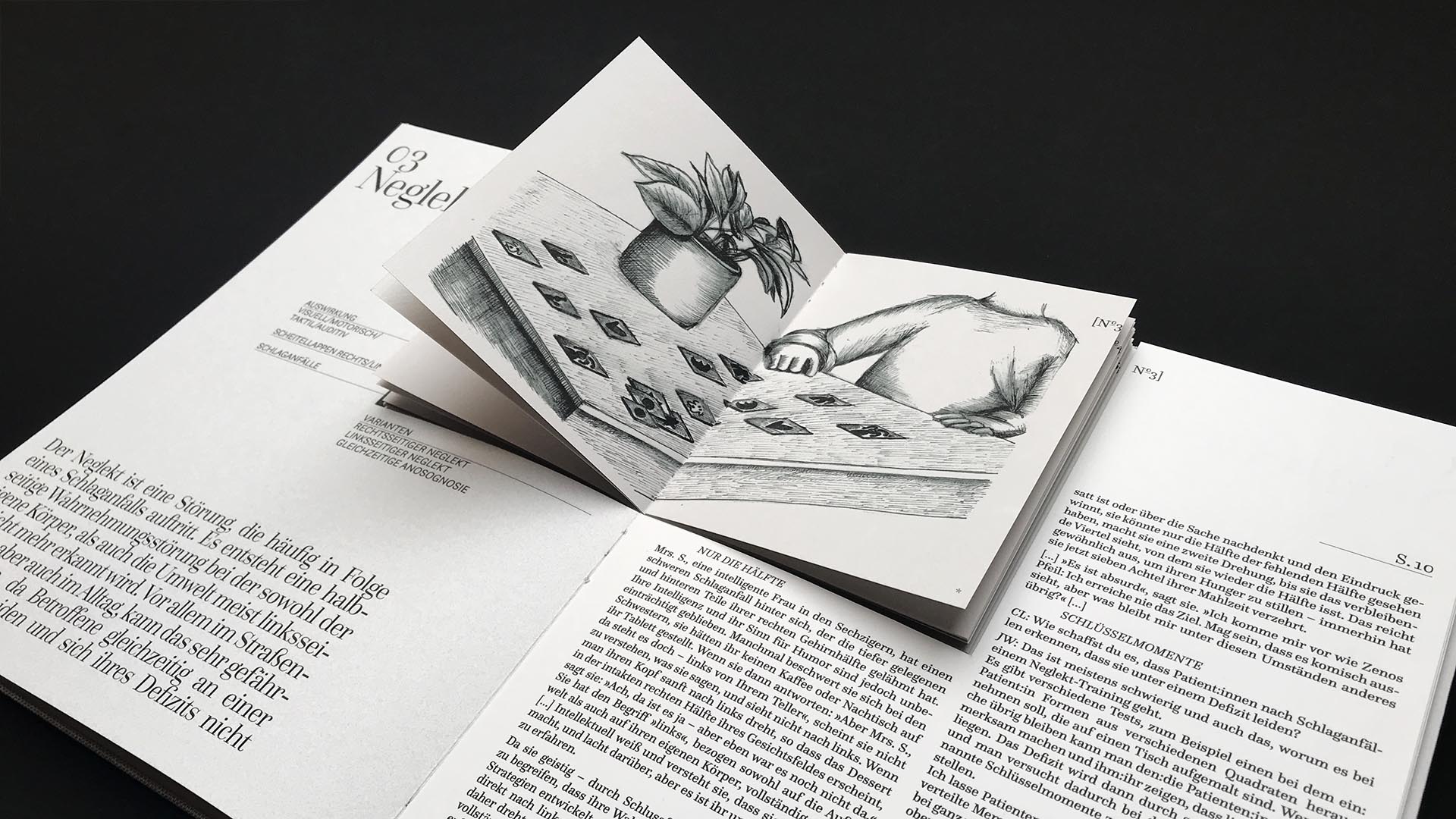 Experimental bookbinding project – opened book with a smaller book integrated in the top center.